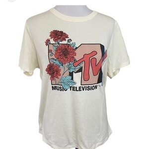 MTV Music Television Graphic Logo Retro Cream Floral T- Shirt Top Y2K S